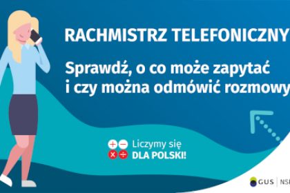 Na grafice jest napis: Rachmistrz telefoniczny. Sprawdź, o co może zapytać i czy można odmówić rozmowy? Obok widać kobietę rozmawiającą przez telefon. Na dole grafiki są cztery małe koła ze znakami dodawania, odejmowania, mnożenia i dzielenia, obok nich napis: Liczymy się dla Polski! W prawym dolnym rogu jest logotyp spisu: dwa nachodzące na siebie pionowo koła, GUS, pionowa kreska, NSP 2021.